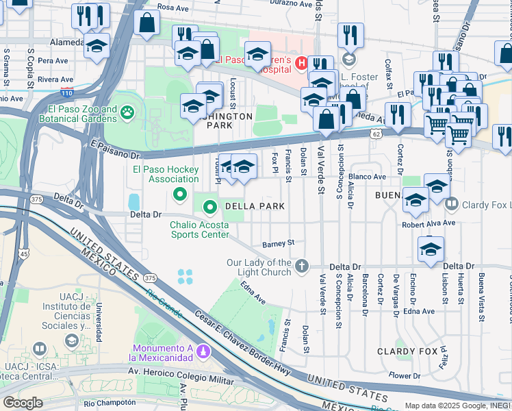 map of restaurants, bars, coffee shops, grocery stores, and more near 4528 Blanco Avenue in El Paso