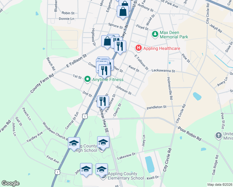 map of restaurants, bars, coffee shops, grocery stores, and more near 1101-1103 Peachtree Street in Baxley
