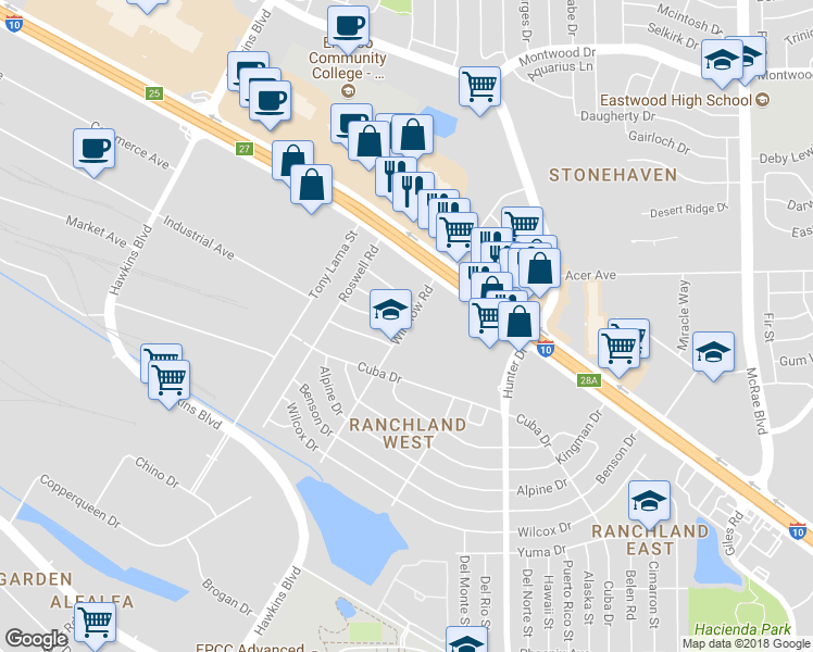 map of restaurants, bars, coffee shops, grocery stores, and more near 1800 Winslow Road in El Paso