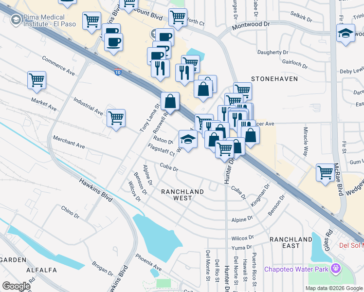 map of restaurants, bars, coffee shops, grocery stores, and more near 1800 Winslow Road in El Paso