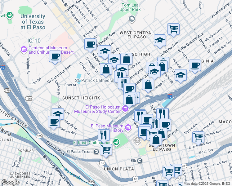 map of restaurants, bars, coffee shops, grocery stores, and more near 1012 North Oregon Street in El Paso