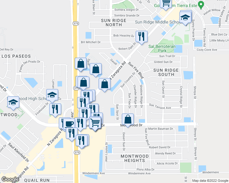 map of restaurants, bars, coffee shops, grocery stores, and more near 2017 Sun Country Drive in El Paso