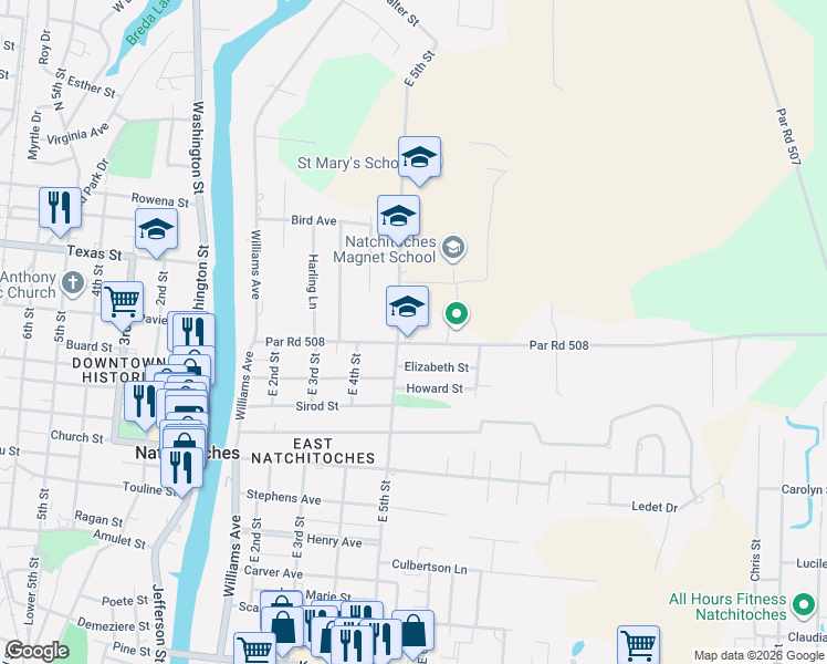 map of restaurants, bars, coffee shops, grocery stores, and more near 628 East 5th Street in Natchitoches