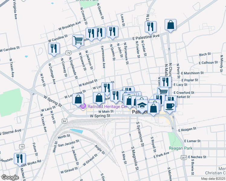 map of restaurants, bars, coffee shops, grocery stores, and more near 502 North Tennessee Street in Palestine