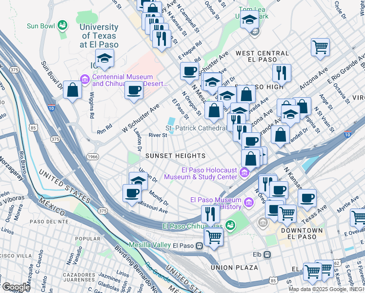 map of restaurants, bars, coffee shops, grocery stores, and more near 223 West California Avenue in El Paso