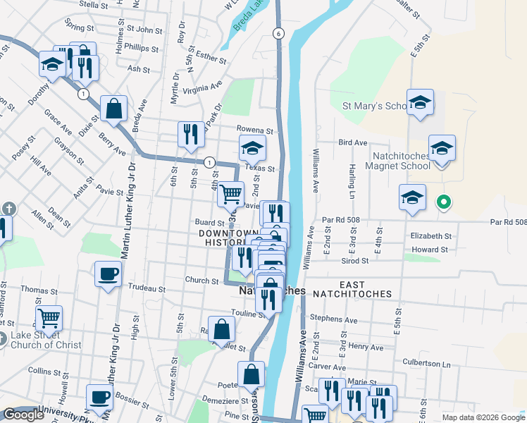 map of restaurants, bars, coffee shops, grocery stores, and more near 901-999 2nd St in Natchitoches