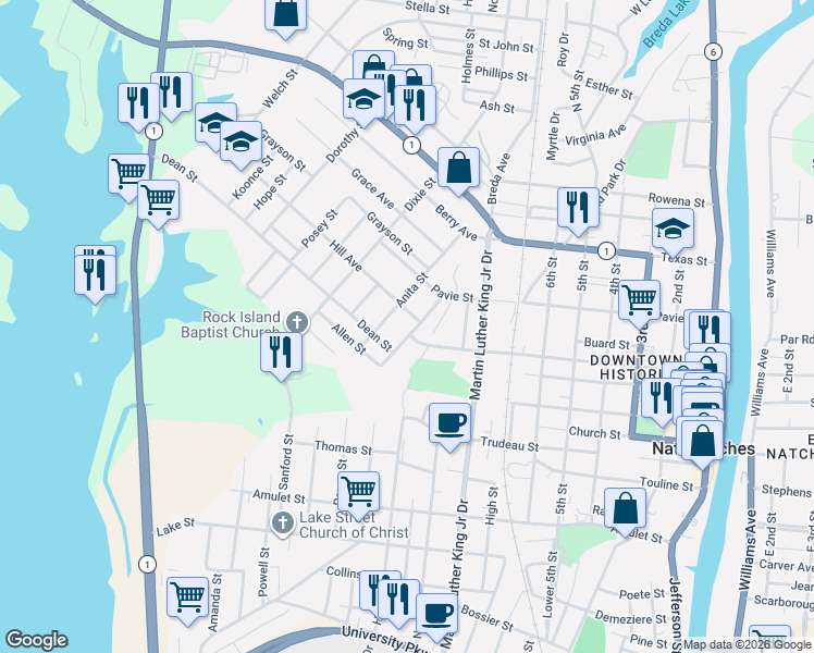 map of restaurants, bars, coffee shops, grocery stores, and more near 1026 Hill Avenue in Natchitoches