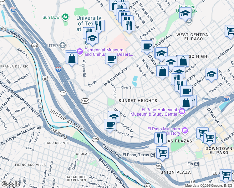 map of restaurants, bars, coffee shops, grocery stores, and more near 1524 Lawton Drive in El Paso
