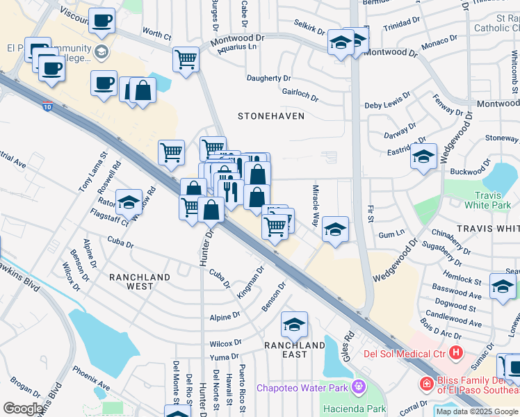map of restaurants, bars, coffee shops, grocery stores, and more near 9509 Viscount Boulevard in El Paso