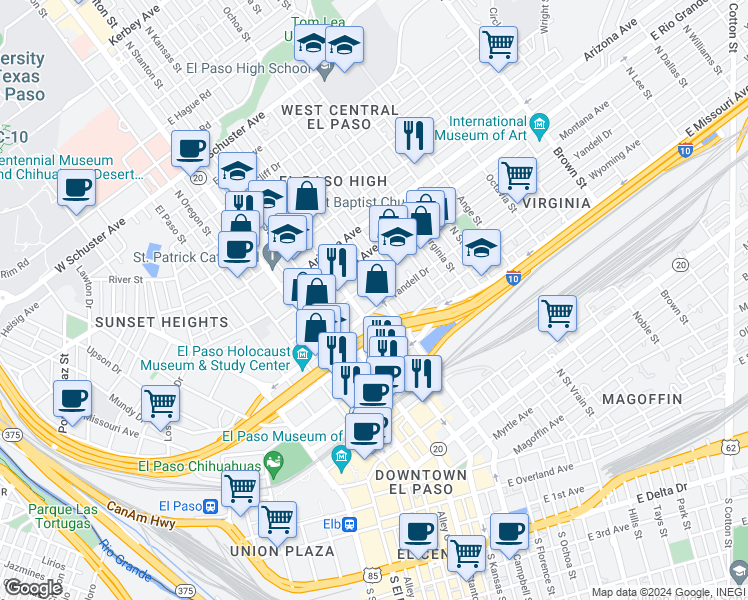 map of restaurants, bars, coffee shops, grocery stores, and more near 415 Montana Avenue in El Paso