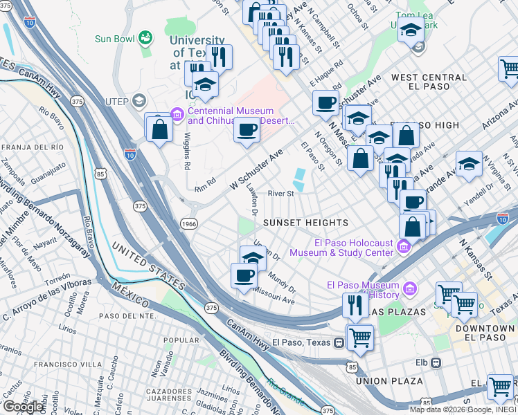 map of restaurants, bars, coffee shops, grocery stores, and more near 1524 Lawton Drive in El Paso