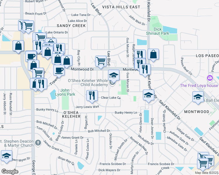 map of restaurants, bars, coffee shops, grocery stores, and more near 1800 Leroy Bonse Drive in El Paso
