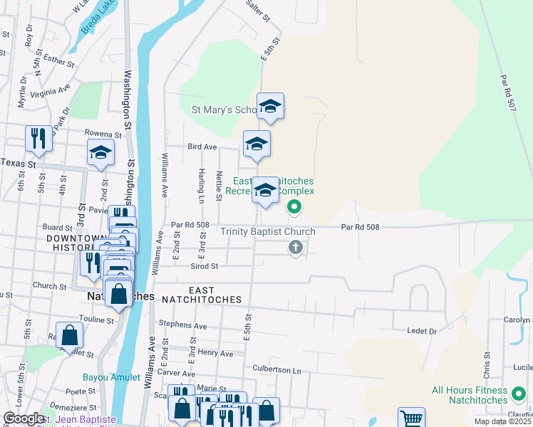 map of restaurants, bars, coffee shops, grocery stores, and more near 520 Par Road 508 in Natchitoches