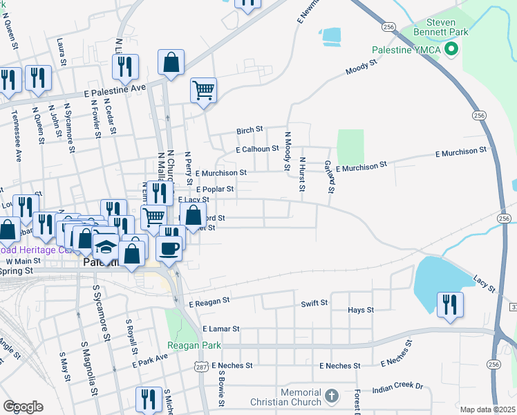 map of restaurants, bars, coffee shops, grocery stores, and more near 1015 East Lacy Street in Palestine