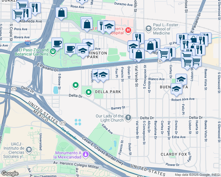 map of restaurants, bars, coffee shops, grocery stores, and more near 4528 Blanco Avenue in El Paso