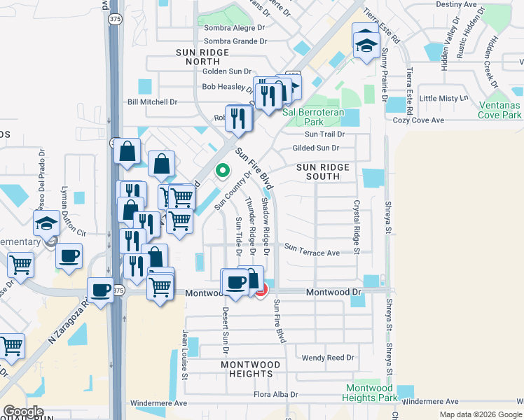 map of restaurants, bars, coffee shops, grocery stores, and more near 2048 Shadow Ridge Drive in El Paso