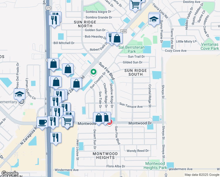 map of restaurants, bars, coffee shops, grocery stores, and more near 2048 Shadow Ridge Drive in El Paso