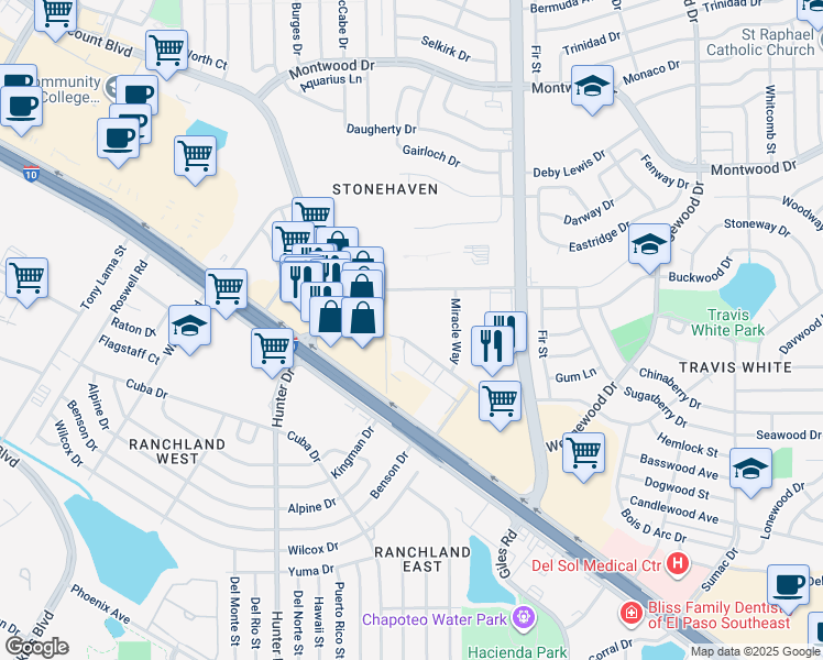 map of restaurants, bars, coffee shops, grocery stores, and more near 9531 Sims Drive in El Paso
