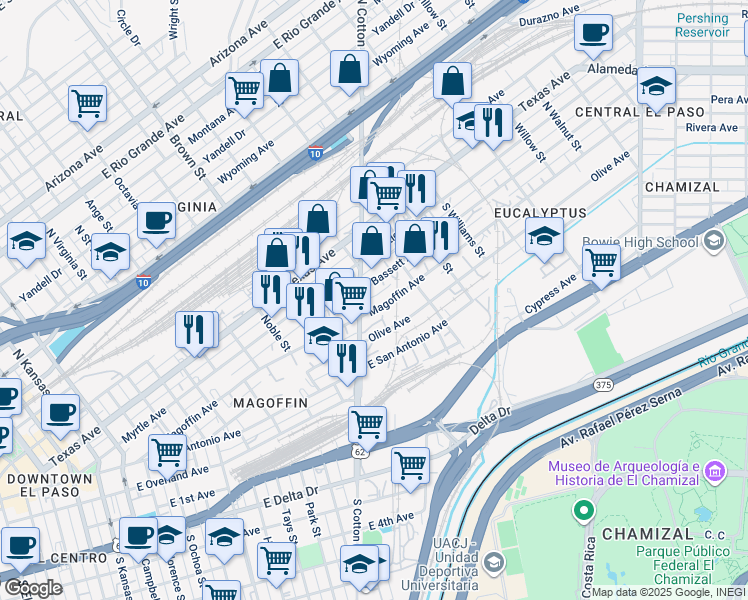 map of restaurants, bars, coffee shops, grocery stores, and more near 1500 Bassett Ave in El Paso