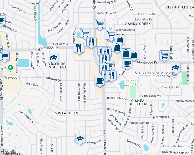 map of restaurants, bars, coffee shops, grocery stores, and more near 2990 Trawood Drive in El Paso