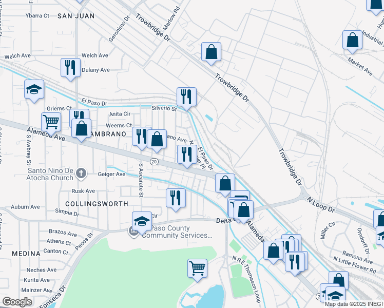 map of restaurants, bars, coffee shops, grocery stores, and more near 6824 El Paso Drive in El Paso