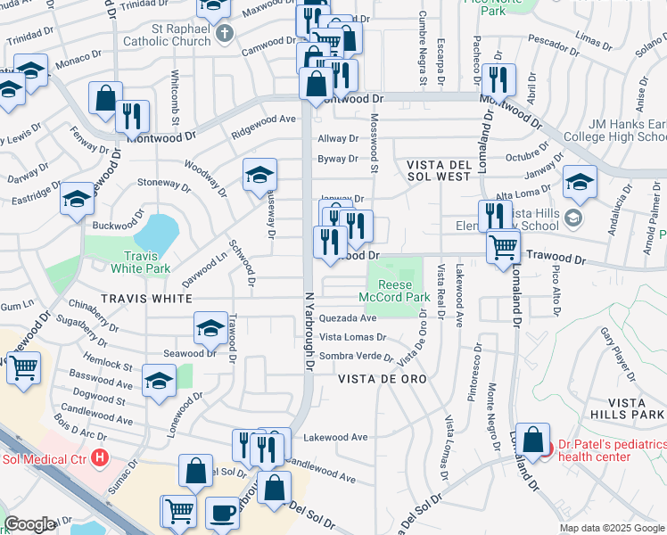 map of restaurants, bars, coffee shops, grocery stores, and more near 1810 Trawood Drive in El Paso