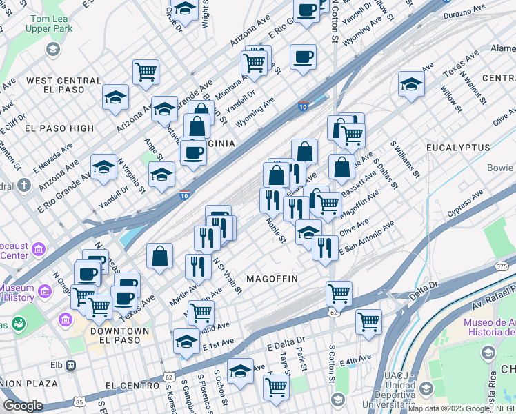 map of restaurants, bars, coffee shops, grocery stores, and more near 299 Noble St in El Paso
