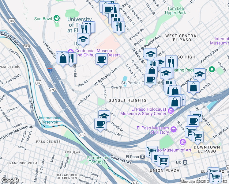 map of restaurants, bars, coffee shops, grocery stores, and more near 1420 Hawthorne Street in El Paso