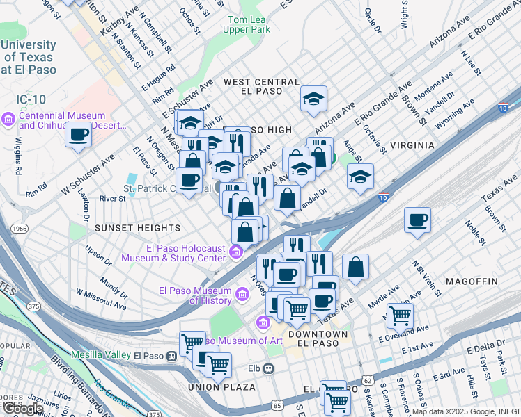 map of restaurants, bars, coffee shops, grocery stores, and more near 316 East Rio Grande Avenue in El Paso