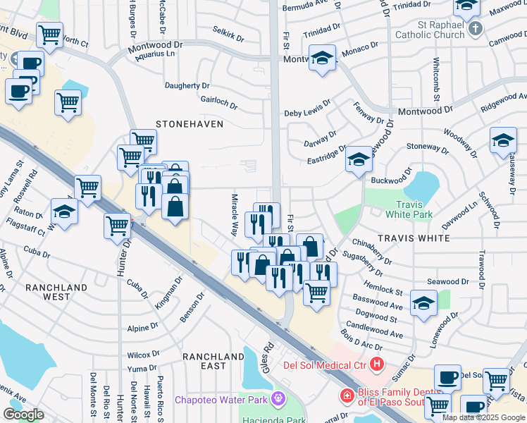 map of restaurants, bars, coffee shops, grocery stores, and more near 1601 McRae Boulevard in El Paso