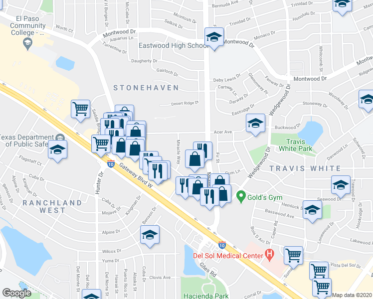 map of restaurants, bars, coffee shops, grocery stores, and more near 1440 Miracle Way in El Paso