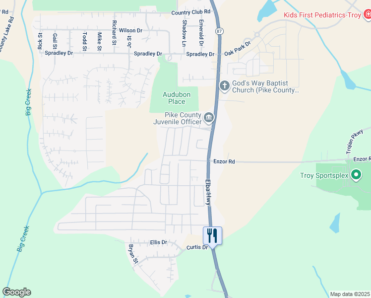 map of restaurants, bars, coffee shops, grocery stores, and more near 1344 Elba Highway in Troy