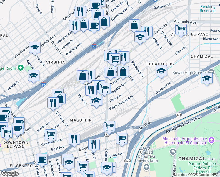 map of restaurants, bars, coffee shops, grocery stores, and more near 1500 Bassett Avenue in El Paso