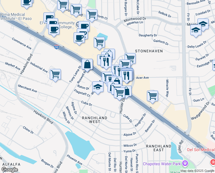 map of restaurants, bars, coffee shops, grocery stores, and more near 7350 Gateway Boulevard East in El Paso