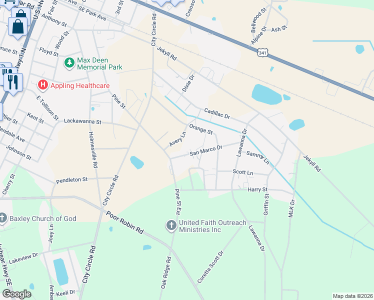 map of restaurants, bars, coffee shops, grocery stores, and more near San Marco Creek in Baxley