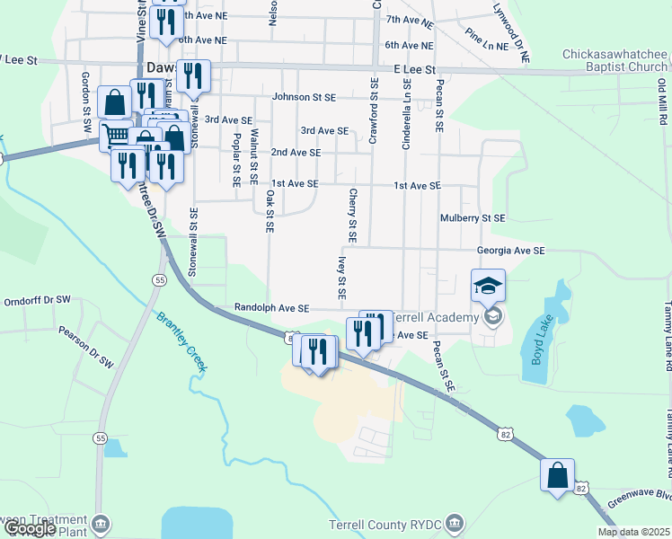 map of restaurants, bars, coffee shops, grocery stores, and more near 535 Ivey Street Southeast in Dawson