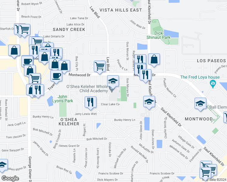 map of restaurants, bars, coffee shops, grocery stores, and more near 1800 Leroy Bonse Drive in El Paso