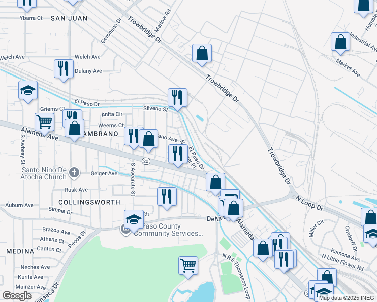 map of restaurants, bars, coffee shops, grocery stores, and more near 6824 El Paso Drive in El Paso