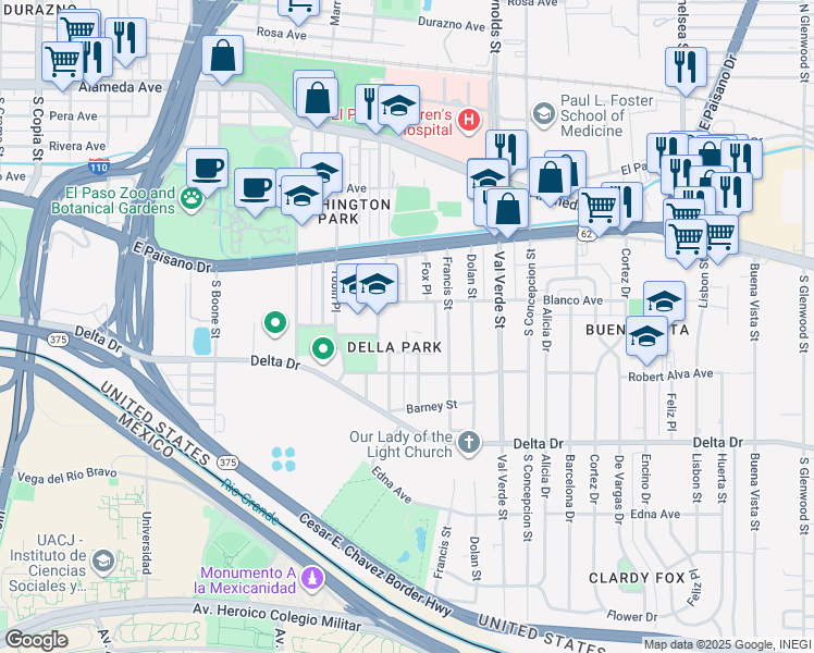 map of restaurants, bars, coffee shops, grocery stores, and more near 510 Hernandez Street in El Paso