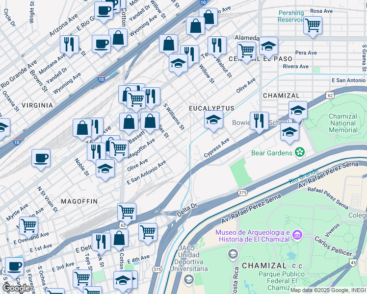 map of restaurants, bars, coffee shops, grocery stores, and more near 1901 East San Antonio Avenue in El Paso