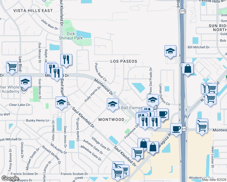map of restaurants, bars, coffee shops, grocery stores, and more near 1195 Montwood Drive in El Paso