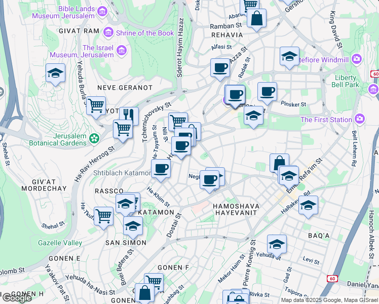 map of restaurants, bars, coffee shops, grocery stores, and more near Halamed Hei Street in Jerusalem