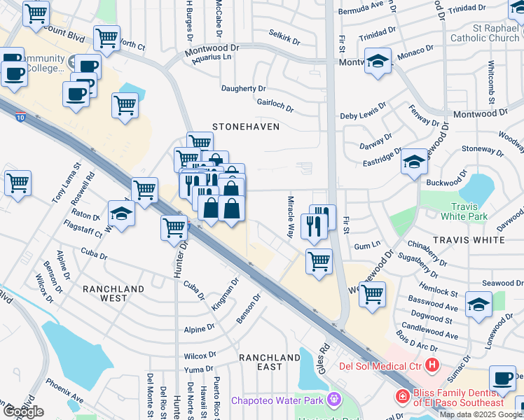 map of restaurants, bars, coffee shops, grocery stores, and more near 9531 Sims Drive in El Paso