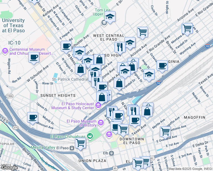 map of restaurants, bars, coffee shops, grocery stores, and more near 316 East Rio Grande Avenue in El Paso