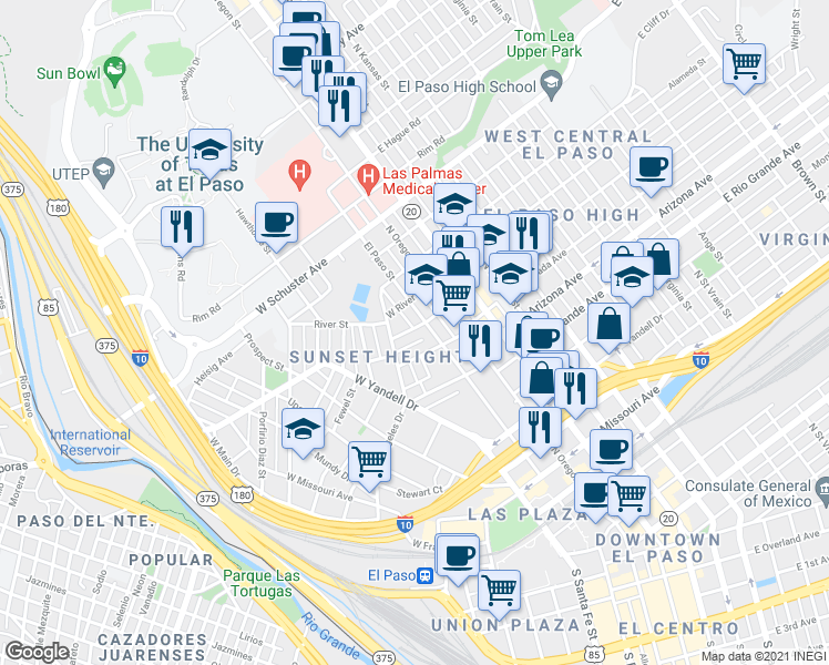 map of restaurants, bars, coffee shops, grocery stores, and more near 223 West California Avenue in El Paso