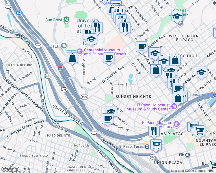 map of restaurants, bars, coffee shops, grocery stores, and more near 1524 Lawton Drive in El Paso