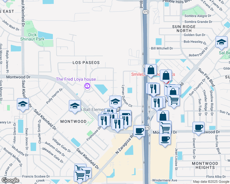 map of restaurants, bars, coffee shops, grocery stores, and more near 2050 Paseo Del Prado Drive in El Paso