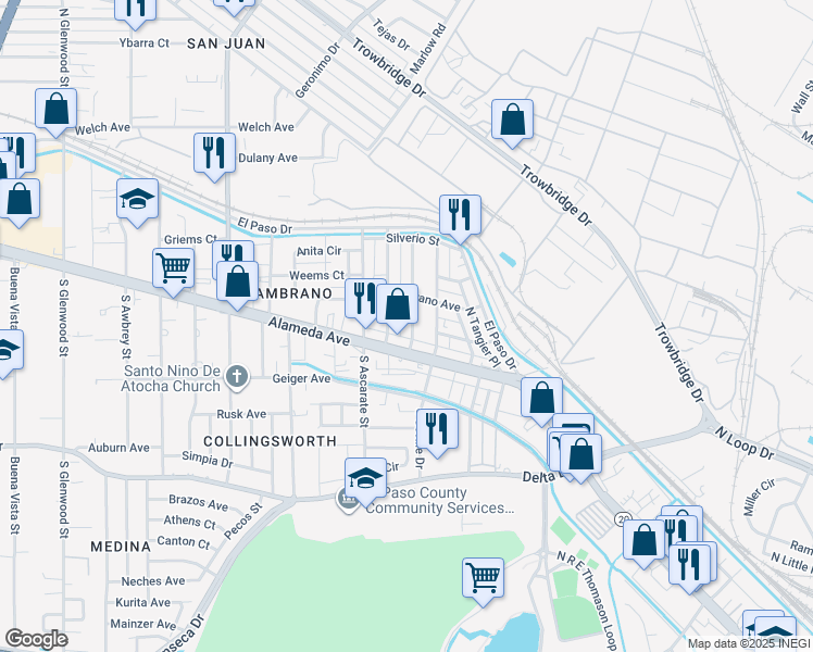 map of restaurants, bars, coffee shops, grocery stores, and more near 121 Toledo Place in El Paso