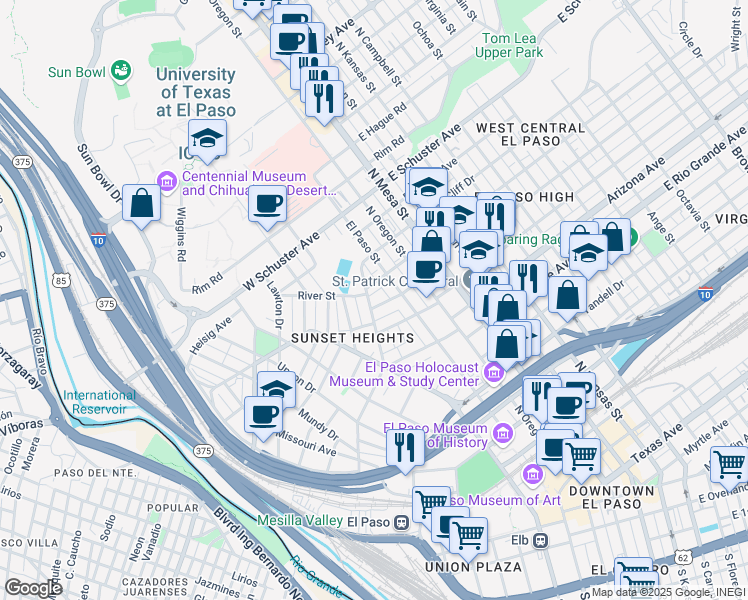 map of restaurants, bars, coffee shops, grocery stores, and more near 223 West California Avenue in El Paso
