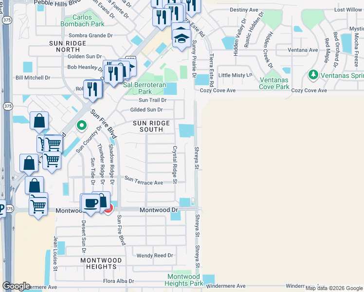 map of restaurants, bars, coffee shops, grocery stores, and more near 2057 Sun Chariot Street in El Paso